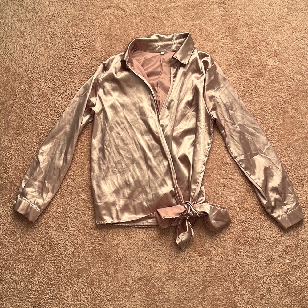 Pink Satin Long Sleeve Blouse